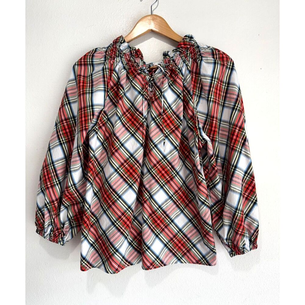 J. Crew blouse tartan plaid balloon sleeves rodeo western festive casual women M